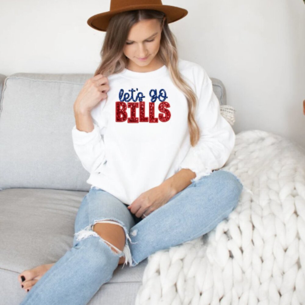 Let's Go Bills (Faux Sequin/Glitter) Sweatshirt (White/New)